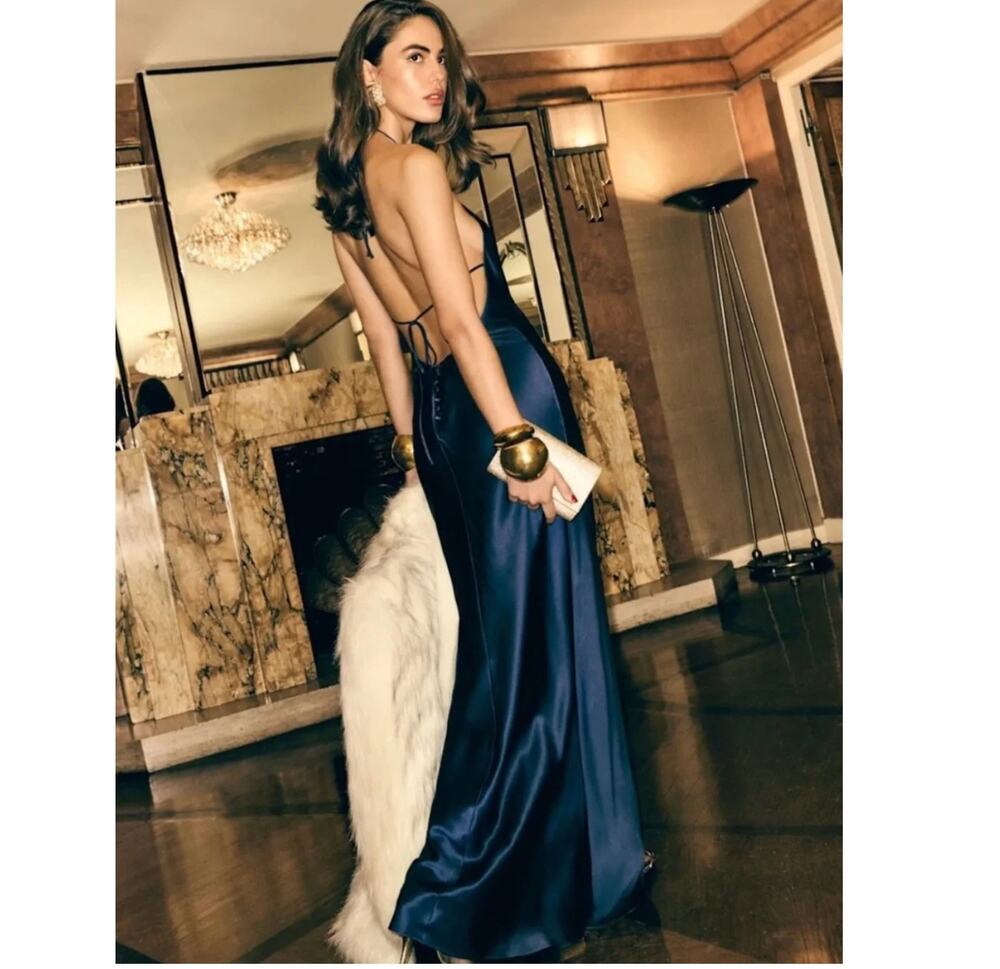 REFORMATION Jeany Navy Blue Silk Charmeuse Bias Cut High Neck Open Back Maxi XS
